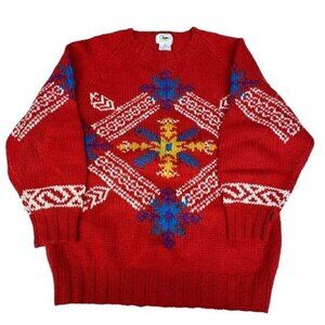 Vintage S Marsh Landing Hand Knit Sweater Shetland Wool Red Snowflake Print